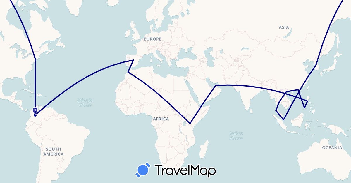 TravelMap itinerary: driving in United Arab Emirates, Colombia, Spain, Hong Kong, Kenya, South Korea, Morocco, Philippines, Singapore, Thailand, United States, Vietnam (Africa, Asia, Europe, North America, South America)
